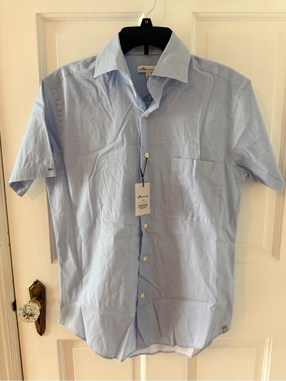 Single Pleat Short Sleeve Check Dress Shirt - Light Blue - M